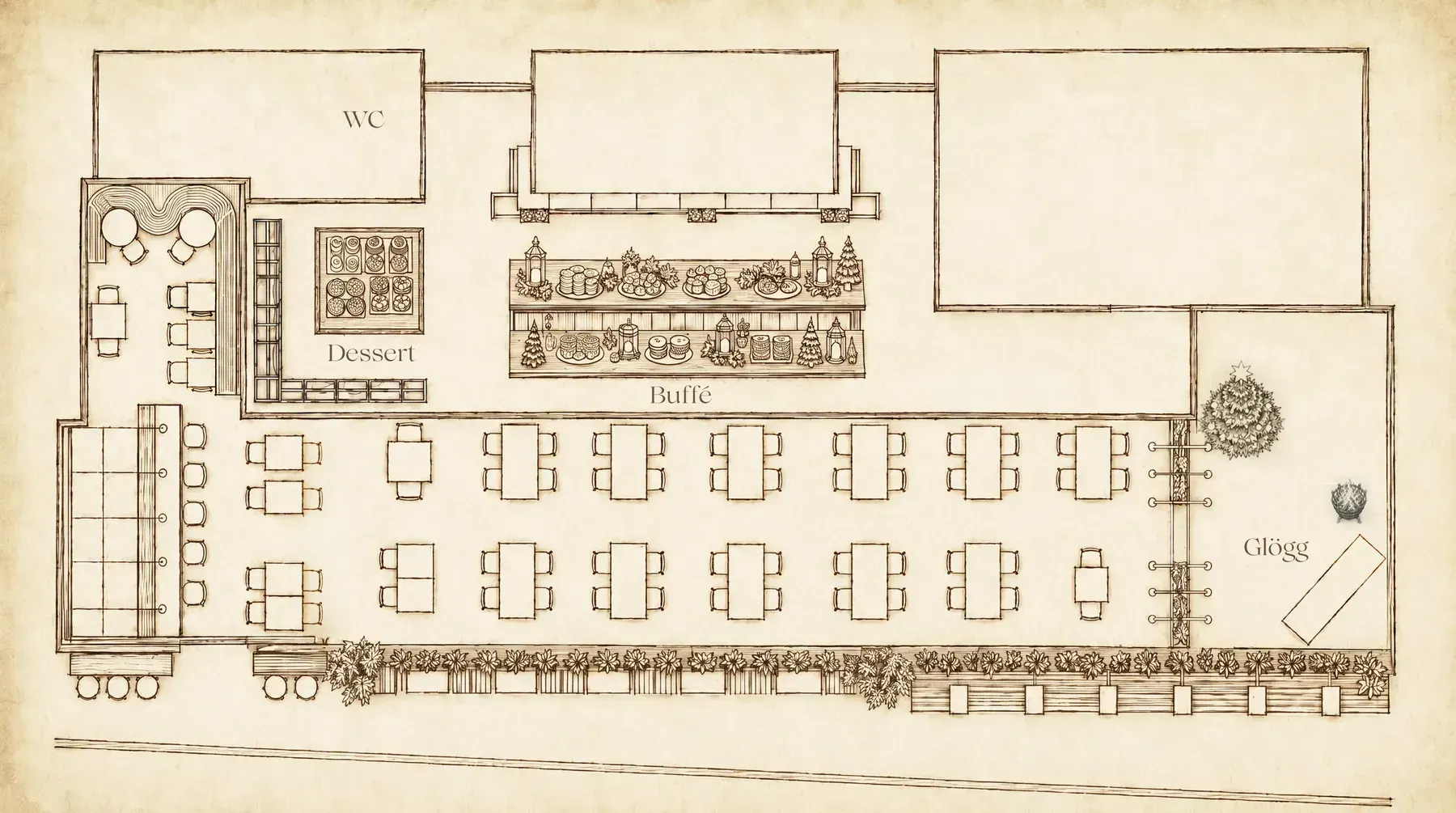 A map of Piren's julbord: the long table seen from above, with the sections marked in the order you walk around it.